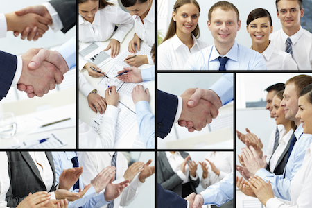 Collage of business group looking at camera, working, handshaking and applauding